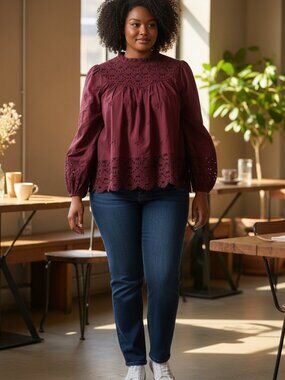 Time and Tru Women's Cotton Eyelet Blouse with Long Sleeves, Size XL 16-18 NWT